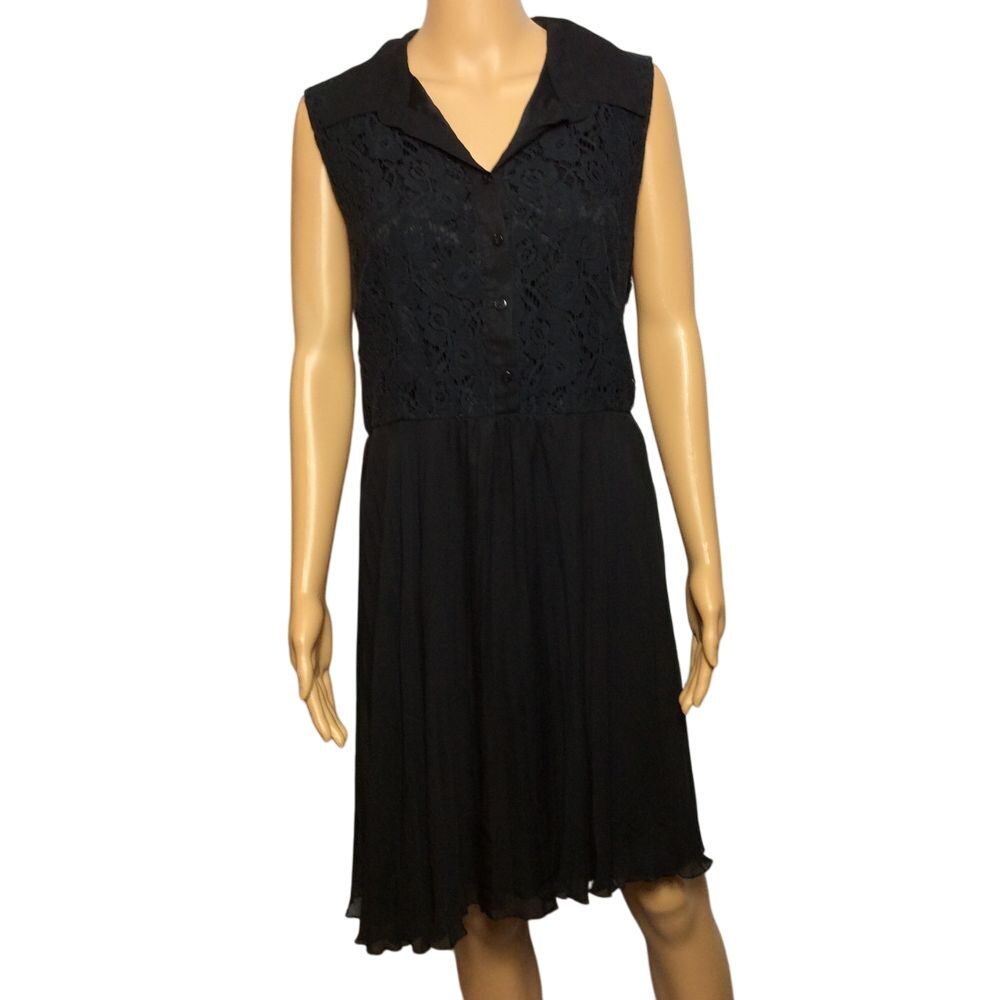Harve Benard Signature Black Lace Sleeveless Cocktail Dress Button Front Pleated